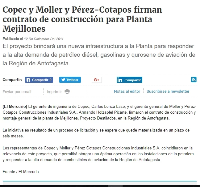 Copec y Moller y Pérez-Cotapos firman contrato de construcción para Planta Mejillones
