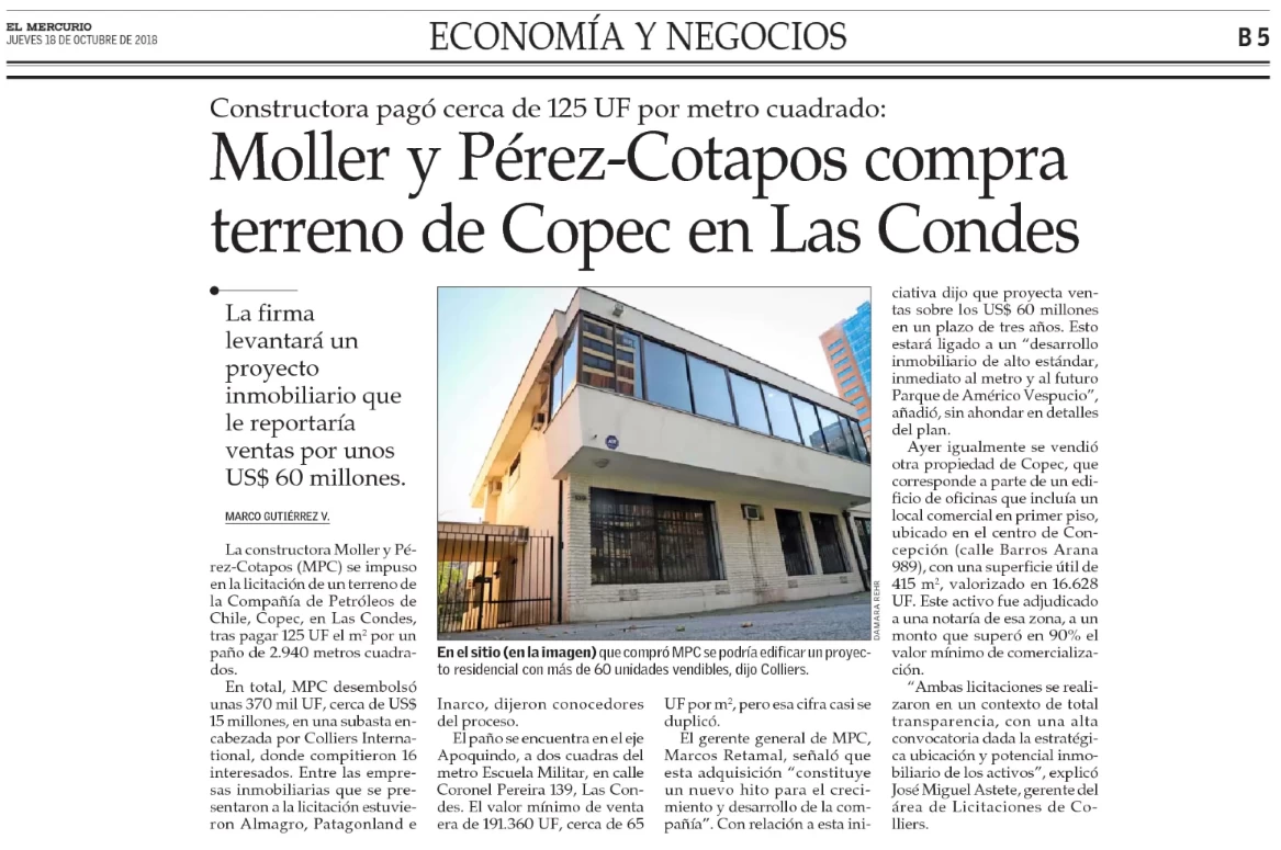 EyN: Moller y Pérez-Cotapos compra terreno de Copec en Las Condes
