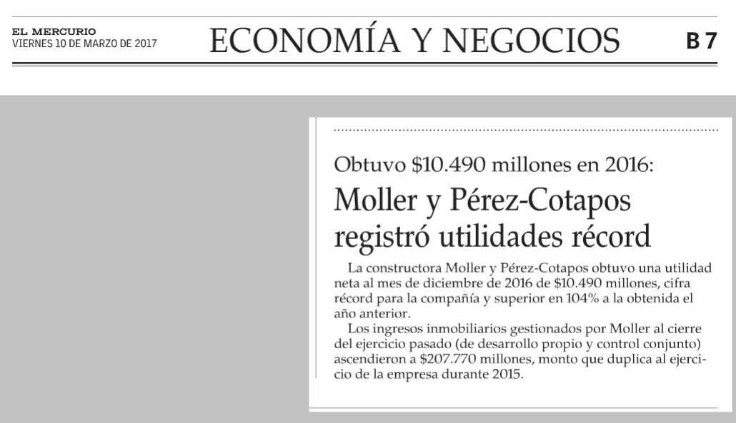 Moller y Pérez-Cotapos registró utilidades récord