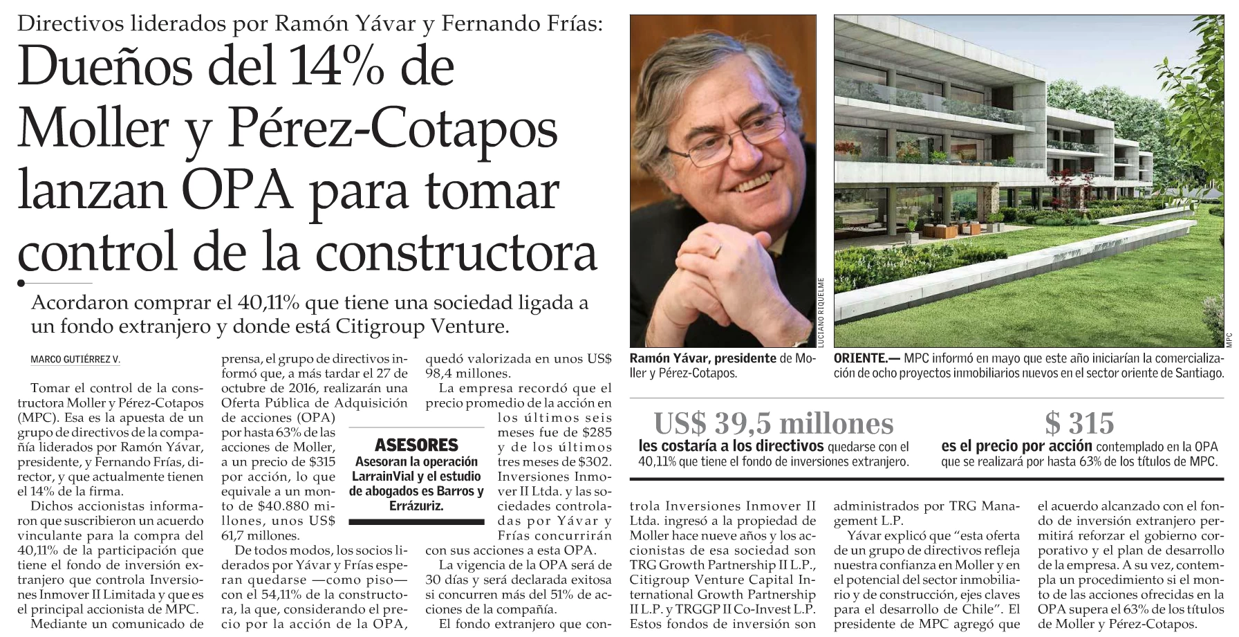Dueños del 14% de Moller y Pérez-Cotapos lanzan OPA para tomar el control de la constructora