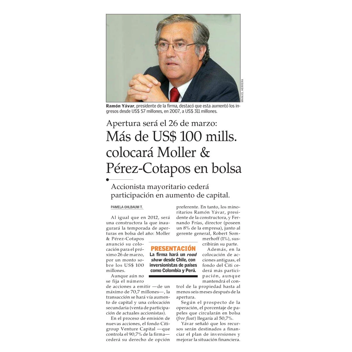 Más de US$100 millones colocará Moller y Pérez - Cotapos en bolsa