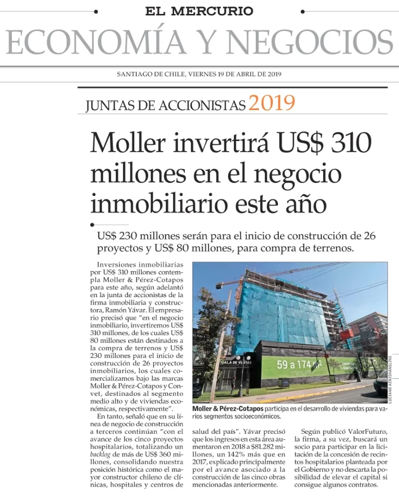 Moller invertirá US$ 310 millones en el negocio inmobiliario este año