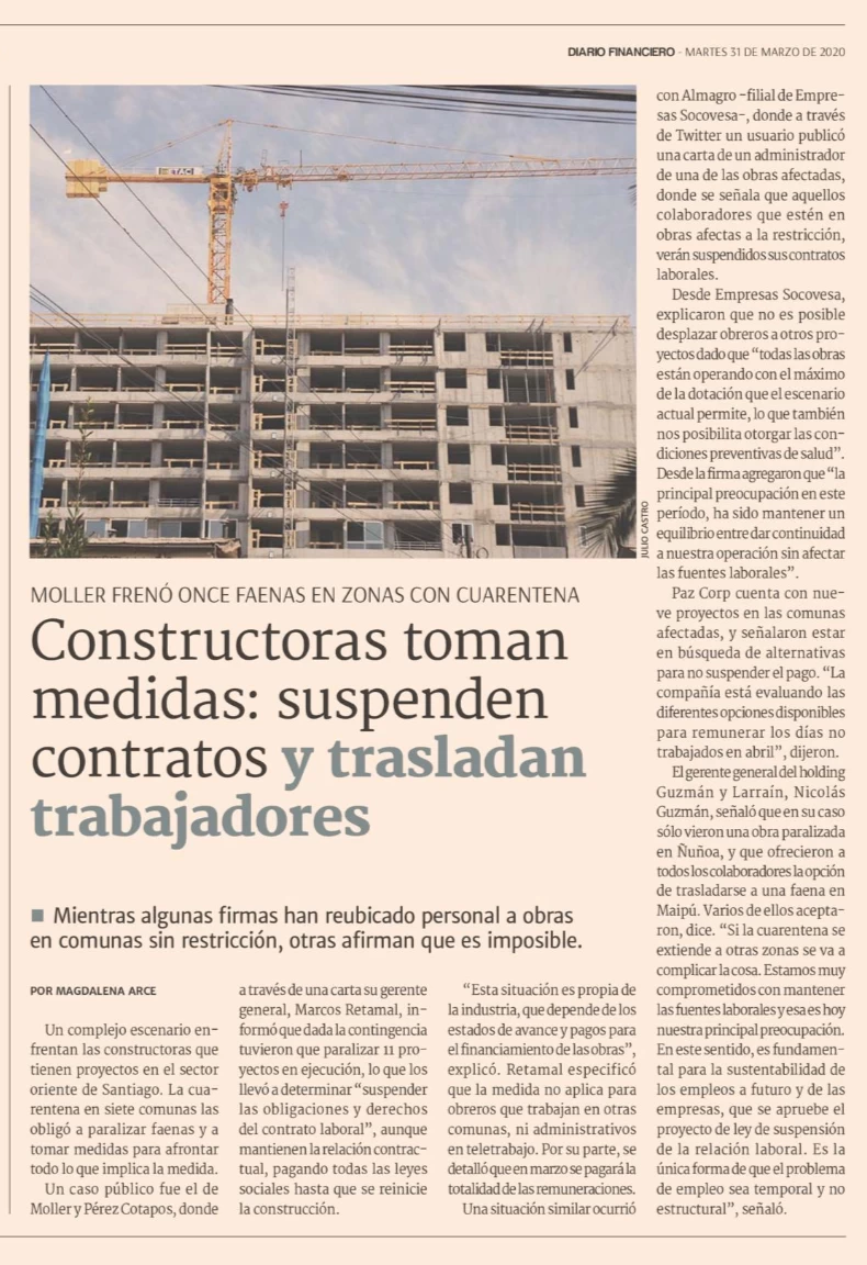 Constructoras toman medidas: suspenden contratos y trasladan trabajadores