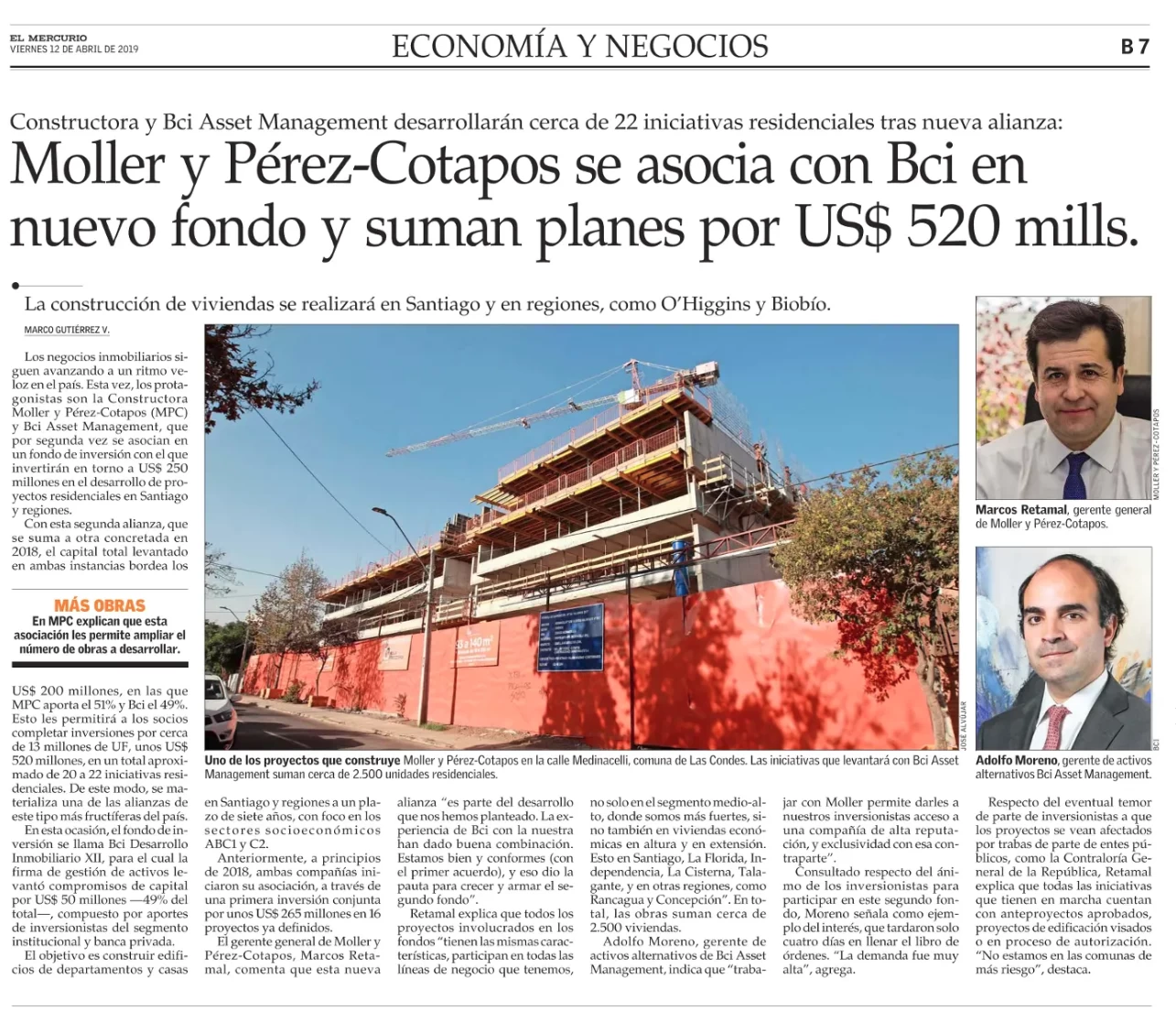 Moller y Pérez-Cotapos se asocia con Bci en nuevo fondo y suman planes por US$ 520 mills.