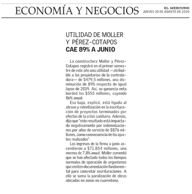 Utilidad de Moller y Pérez-Cotapos cae 89% a junio