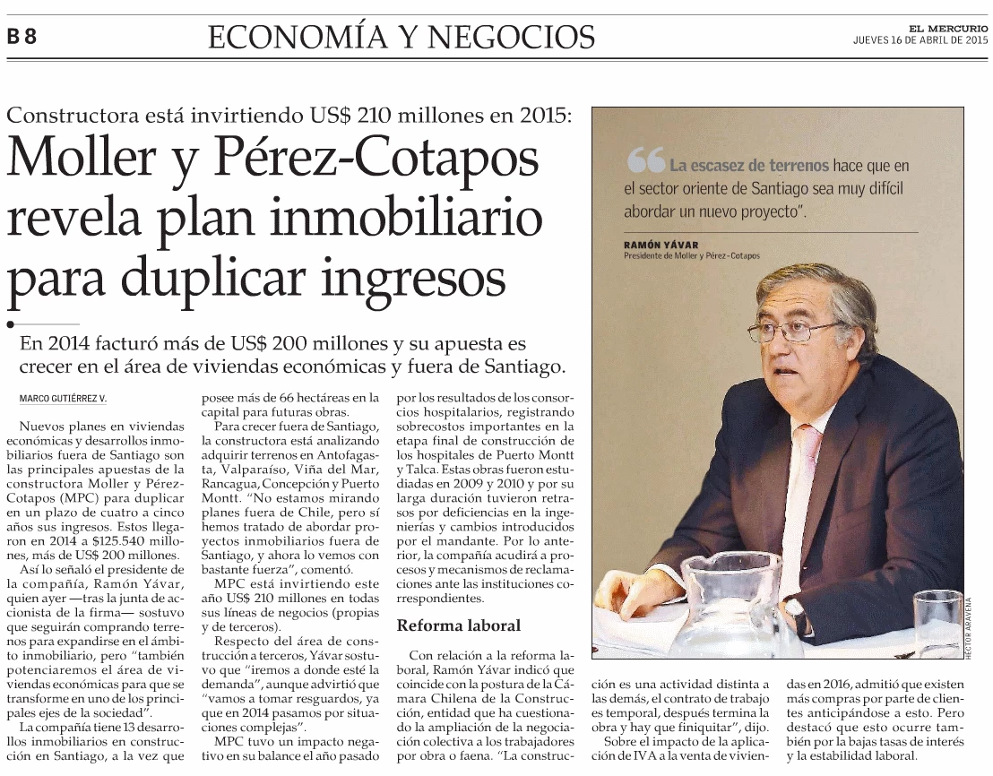 El Mercurio: Moller y Pérez-Cotapos revela plan inmobiliario para duplicar ingresos