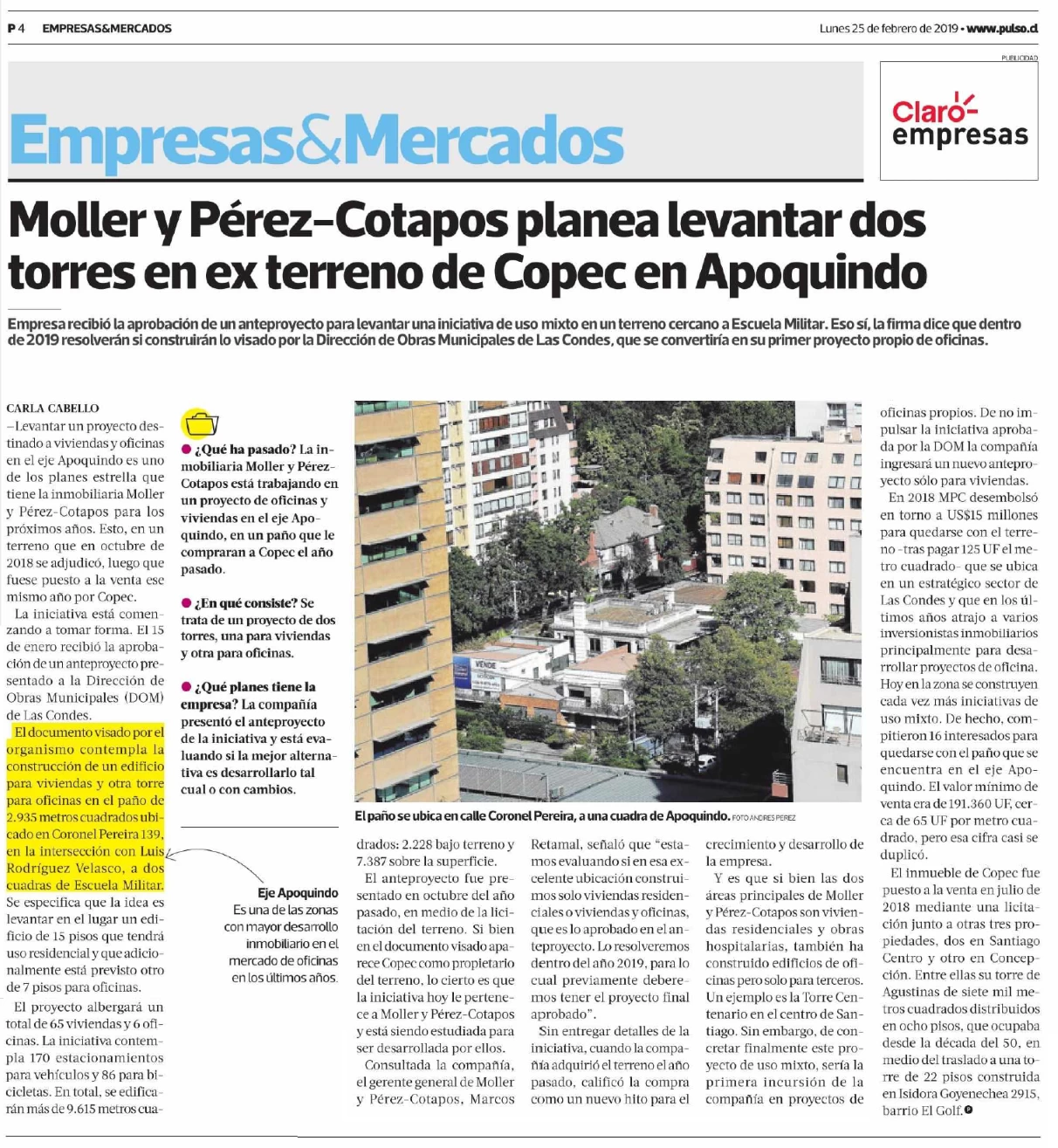 Moller y Pérez-Cotapos planea levantar dos torres en ex terreno de Copec en Apoquindo