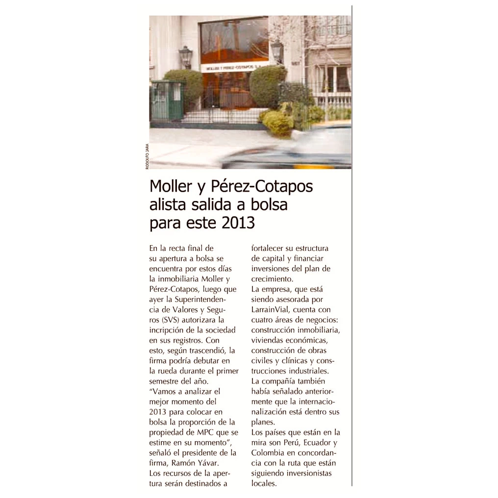 Moller y Pérez - Cotapos, alista salida a la bolsa para este 2013
