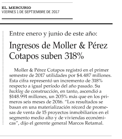 EyN Ingresos de Moller & Pérez-Cotapos suben 318%