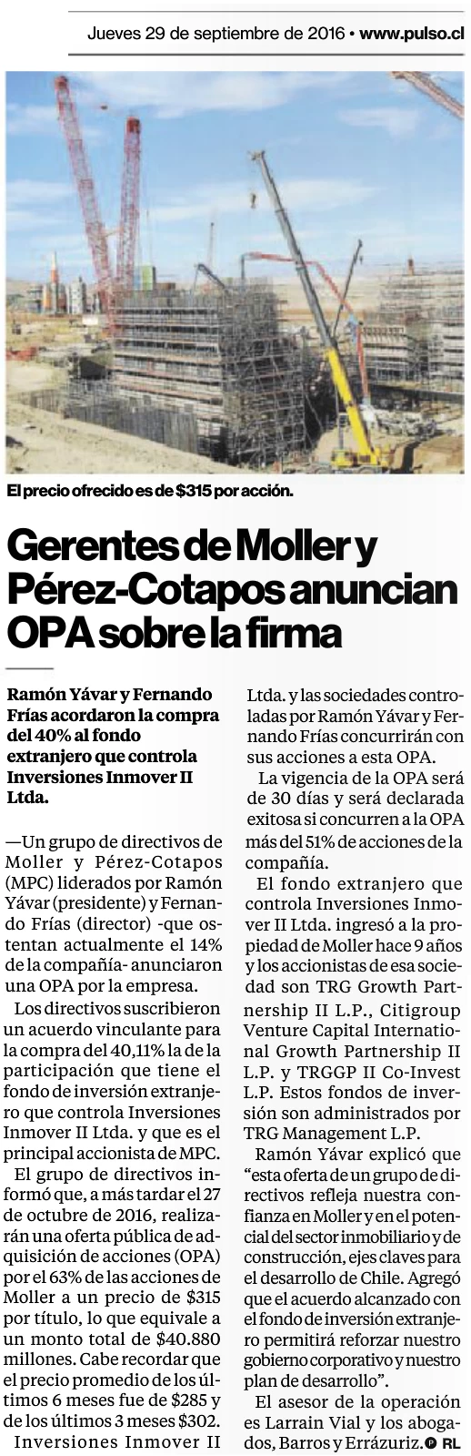 Directivos de Moller y Pérez-Cotapos anuncian OPA sobre la firma