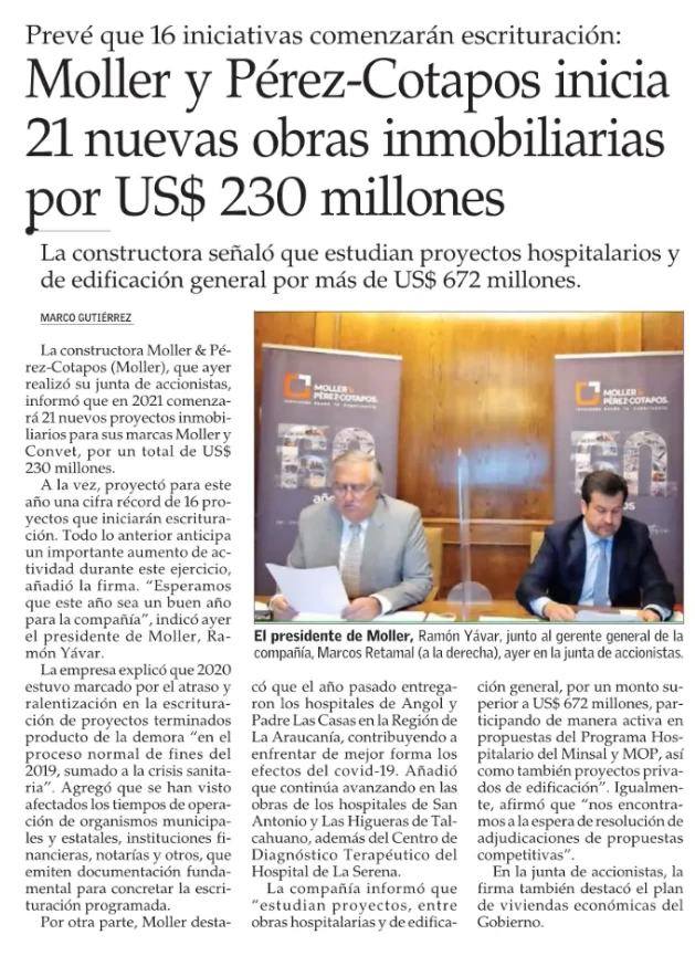 Moller y Pérez-Cotapos inicia 21 nuevas obras inmobiliarias por US$ 230 millones
