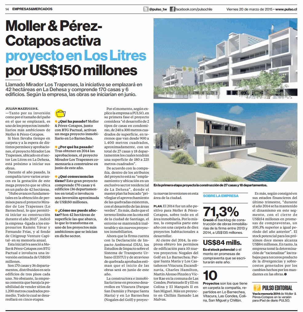 Pulso: Moller & Pérez Cotapos activa proyecto proyecto en Los Litres por US$150 millones
