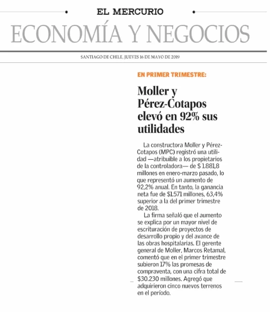 Moller y Pérez-Cotapos elevó en 92% sus utilidades