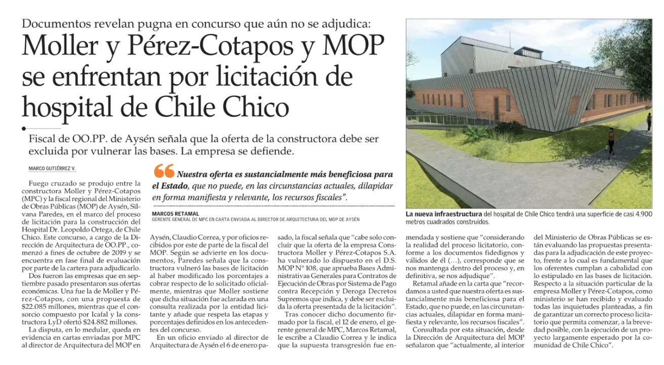 Moller y Pérez-Cotapos y MOP se enfrentan por licitación de hospital de Chile Chico