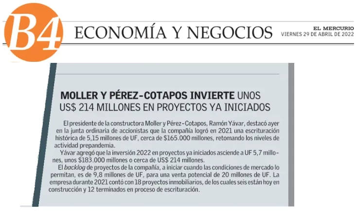 Moller y Pérez-Cotapos invierte unos US$ 214 millones en proyectos ya iniciados