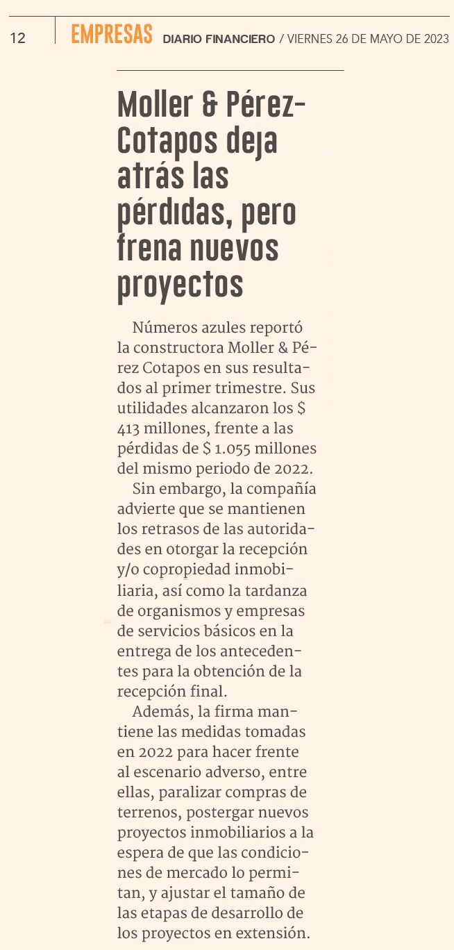 Moller & Pérez-Cotapos deja atrás pérdidas, pero frena nuevos proyectos
