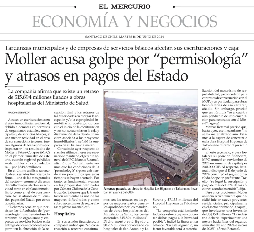 Moller acusa golpe por "permisología" y atrasos en pagos del Estado
