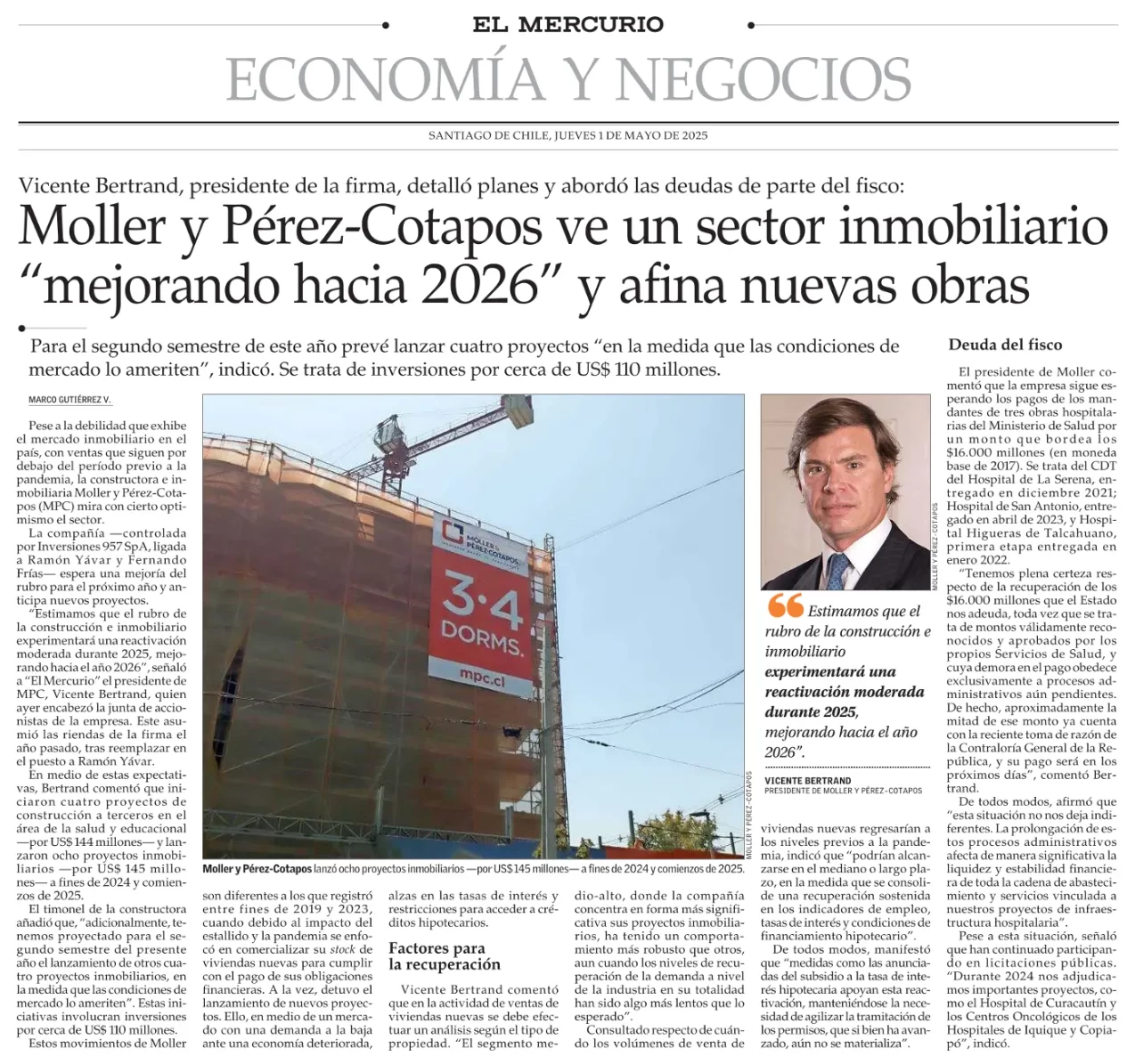 Moller y Pérez-Cotapos ve un sector inmobiliario "mejorando hacia 2026" y afina nuevas obras