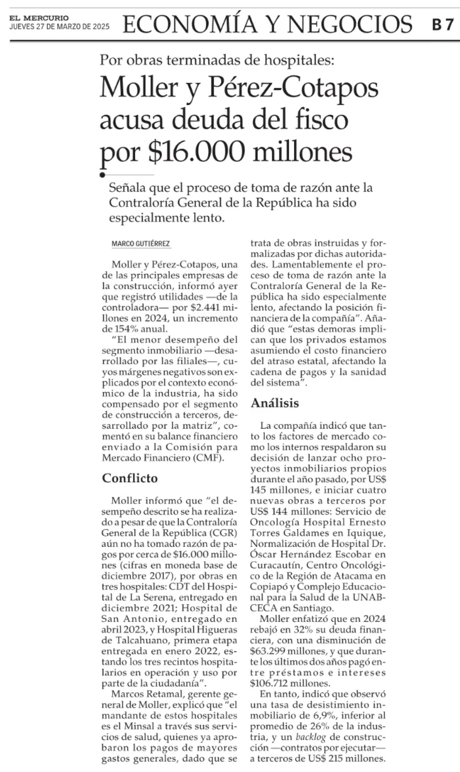 Moller y Pérez-Cotapos acusa deuda del fisco por $16.000 millones