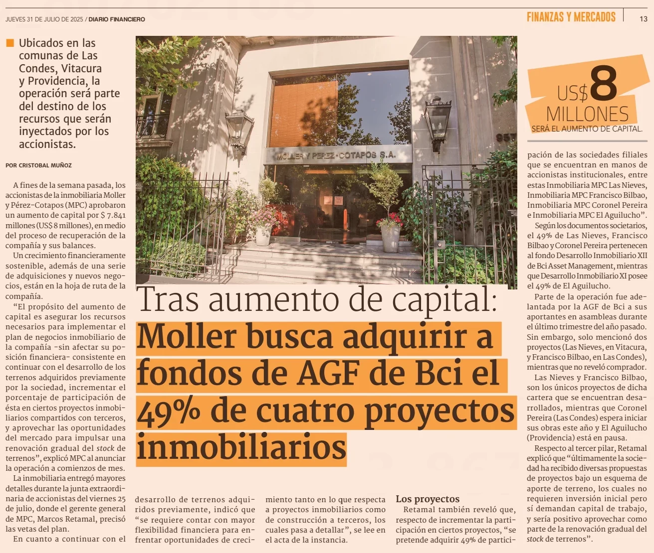 Tras aumento de capital: Moller busca adquirir a fondos de AGF de Bci el 49% de cuatro proyectos inmobiliarios