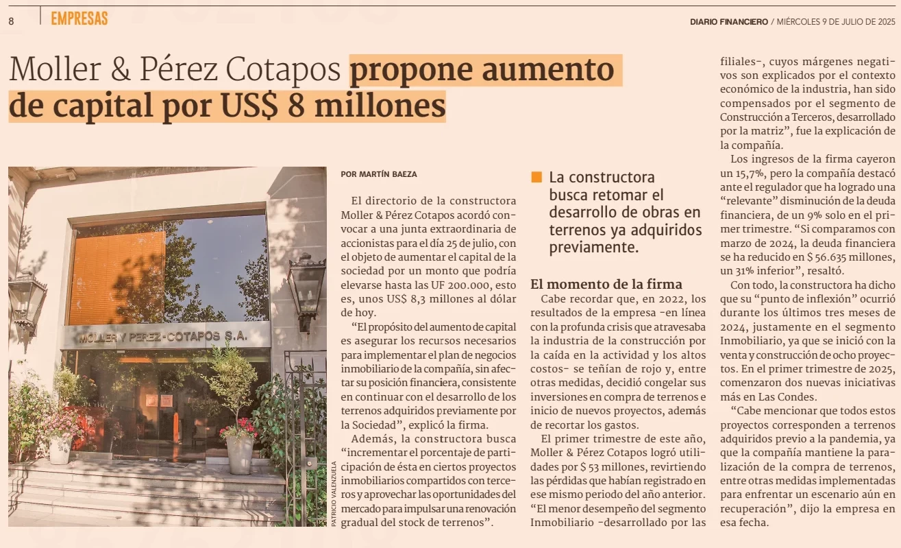Moller & Pérez Cotapos propone aumento de capital por US$ 8 millones